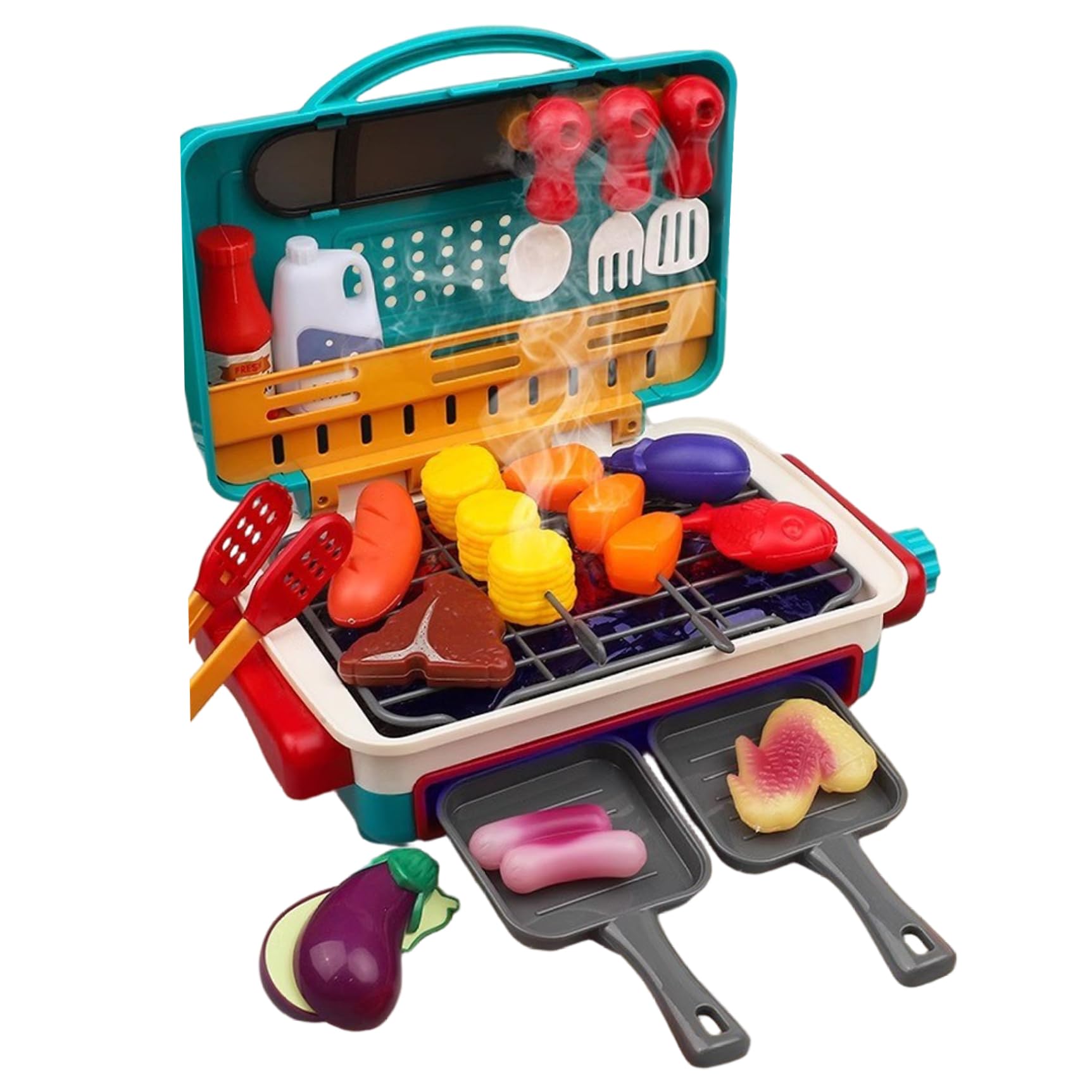 Set da Gioco per Barbecue per Bambini, 35 Pezzi/Set, di Giocattoli da Cucina Simulati per Alimenti Che cambiano Colore, con Fumo e Luce, Accessori da Cucina Divertenti in 2 modalità per Ragazze