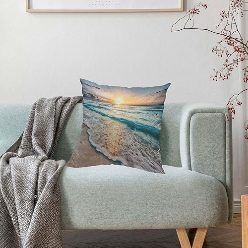 Miniatura 4 de HOSNYE Seaside Wave - Funda de almohada de lino y algodón con diseño de océano tropical, playa, mar, puesta de sol, atardecer, azul, arena, verano,