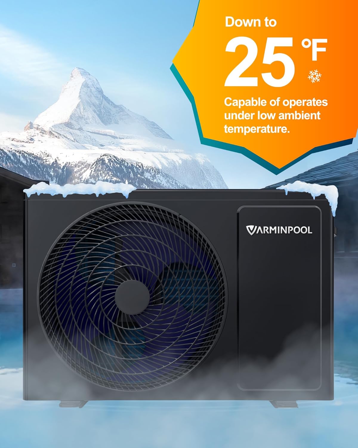 VARMINPOOL heat pump operating in a snowy, cold environment, indicating low ambient temperature capability down to 25°F.
