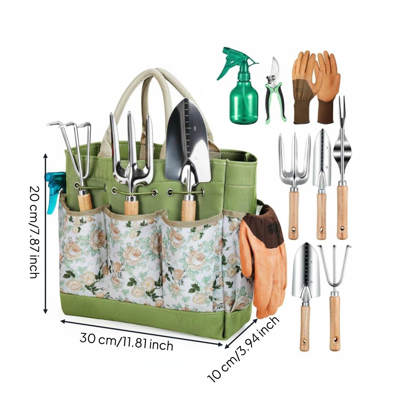 Gartengeräte Set Gartenwerkzeug Handwerkzeug Ausplantierer Blumenkelle Hacke Holzgriff Ermüdungsarm Tragbar mit Tragegriffen für Gemüsebeet Blumenrabatte, Stainless Steel 9PCS