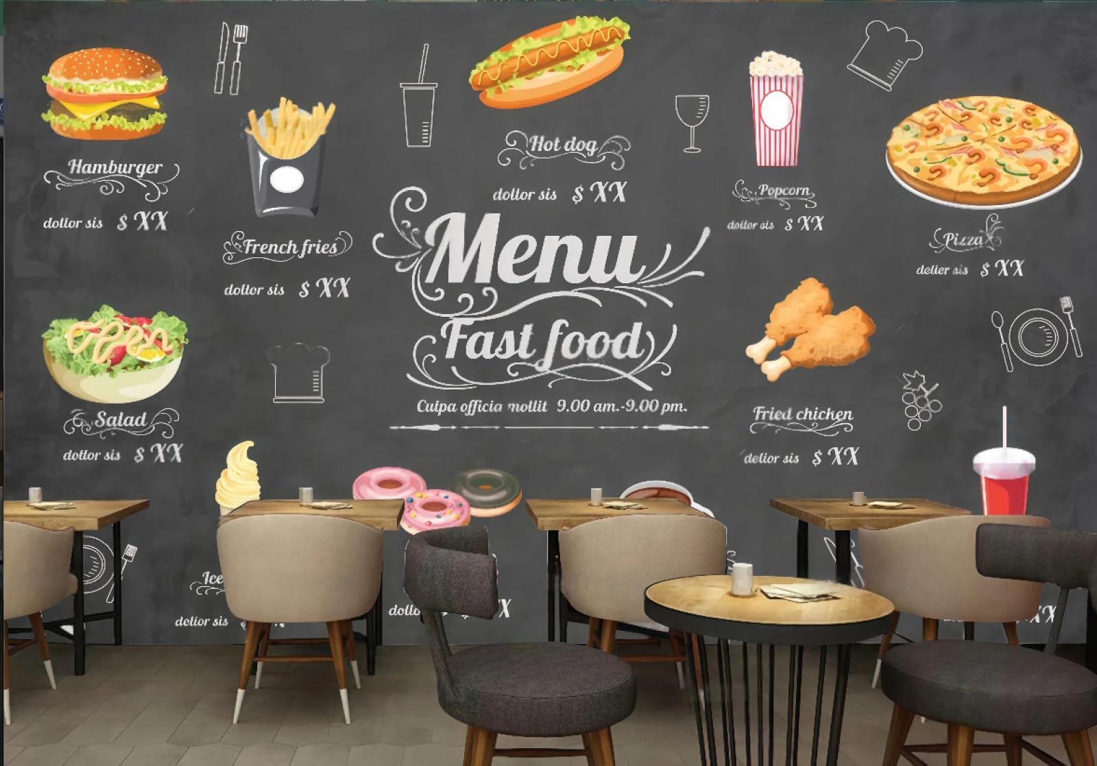 rskjdghshd Wallpaper Retro Hand-Painted Bread Fried Chicken Burger Shop Afternoon Tea Dessert Catering Background Wall Western Restaurant Wallpaper Cafe Mural,3D,350x245cm