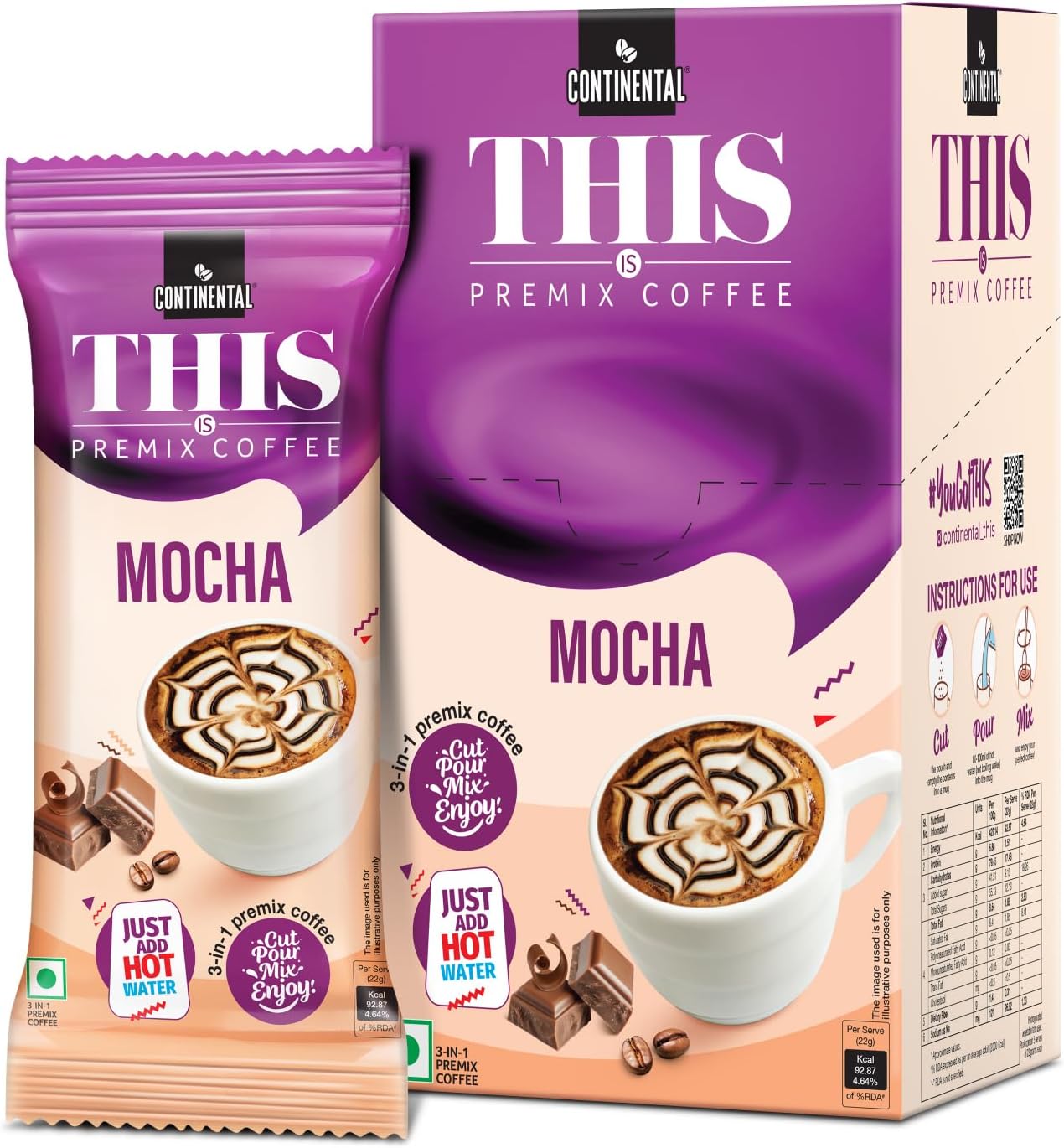 Continental THIS Mocha Instant Coffee Powder | 110g (5 Sachets, 22g per each) | 3In1 Instant Premix Flavoured Coffe | Smooth Flavour and Rich Taste | Just Add Hot Water | Cafe Like Cofee