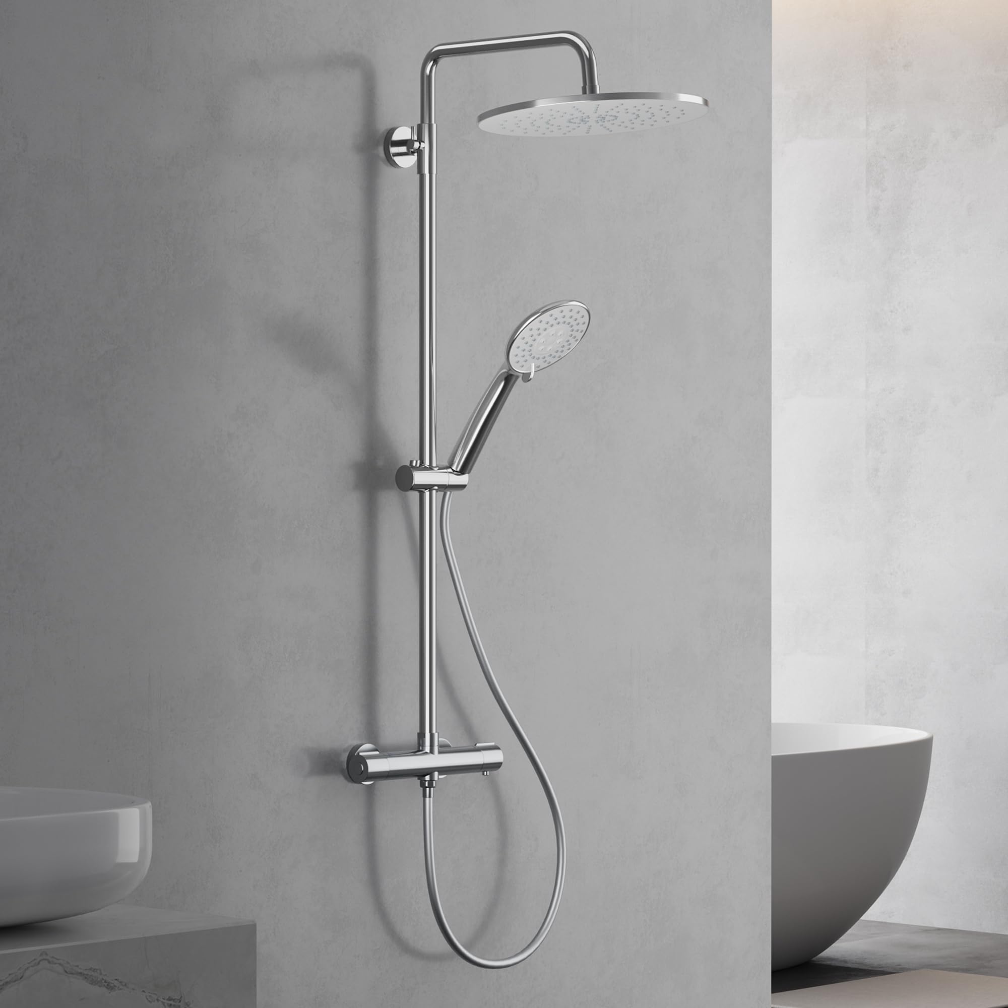 Columna Ducha Termostática Cromo, Sistema Completo con Grifo Termostático, Ducha Techo Redonda 25 cm, Alcachofa 3 Modos, Barra Deslizante Regulable, Bloqueo Seguridad 38°C, Cabezal Giratorio 360°