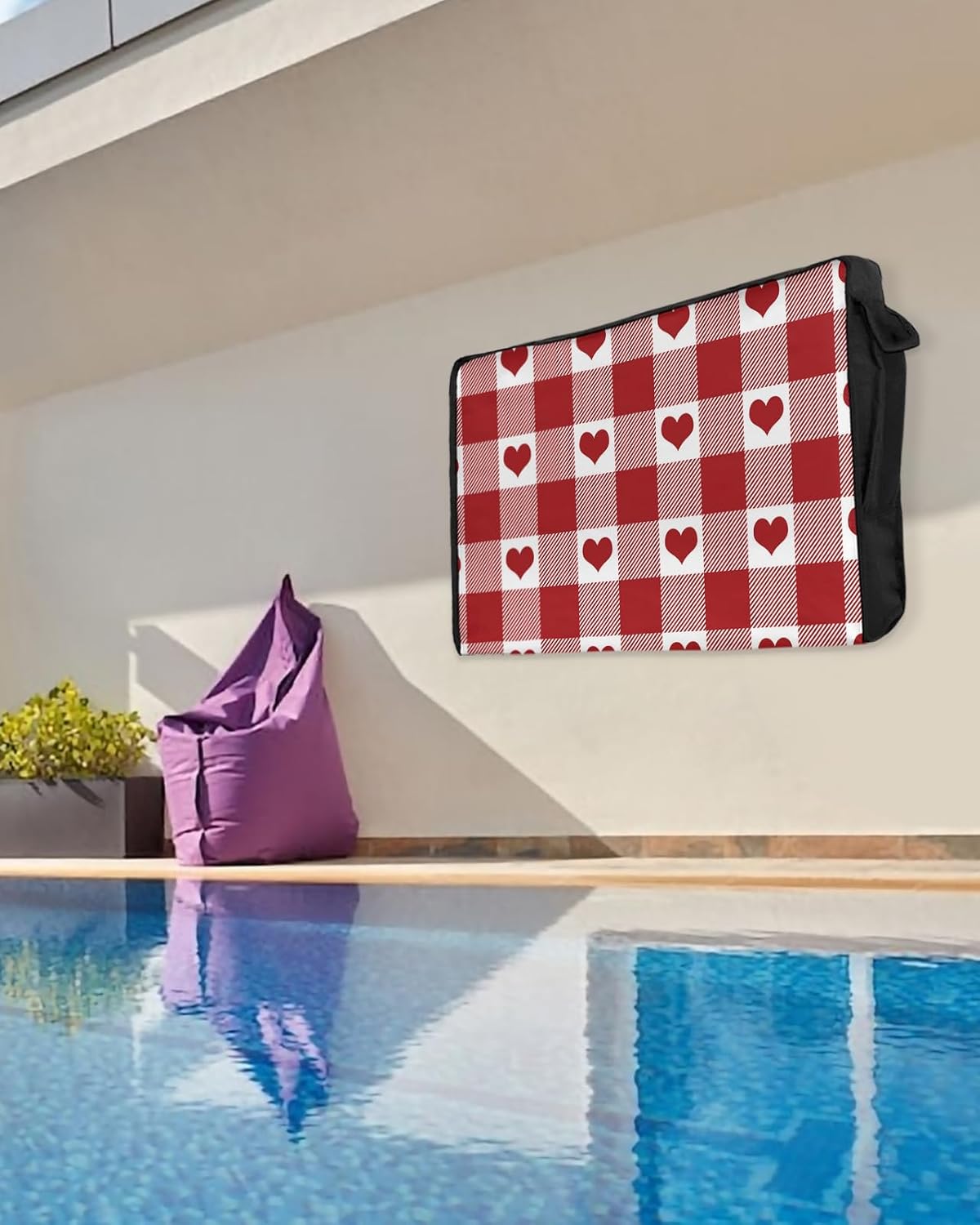 Outdoor TV Cover - Valentine's Day Red Loving Heart Red Plaid Check Waterproof and Weatherproof 60"-65" LCD Movable Shield TV Display Screen Protector Outside Television Covers