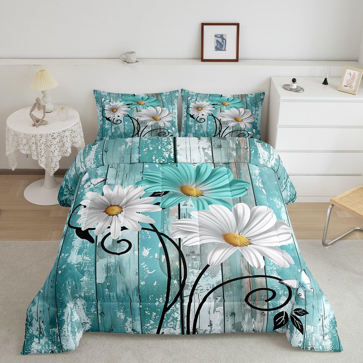 Erosebridal Rustic Flower Bedding Set Farmhouse Floral Comforter Set King,Teal Daisy Country Down Comforter for Women Adults Wooden Room Decor,
