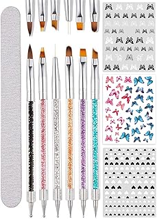 Nail Art Brushes Tools & Decoration Kit, 6pc Nail Brushes Nail Art Tools Gel Nail Polish Painting Liner Drawing Brush Set with Heart Butterfly Nail Stickers File Tools for Gel Acrylic Nail Design