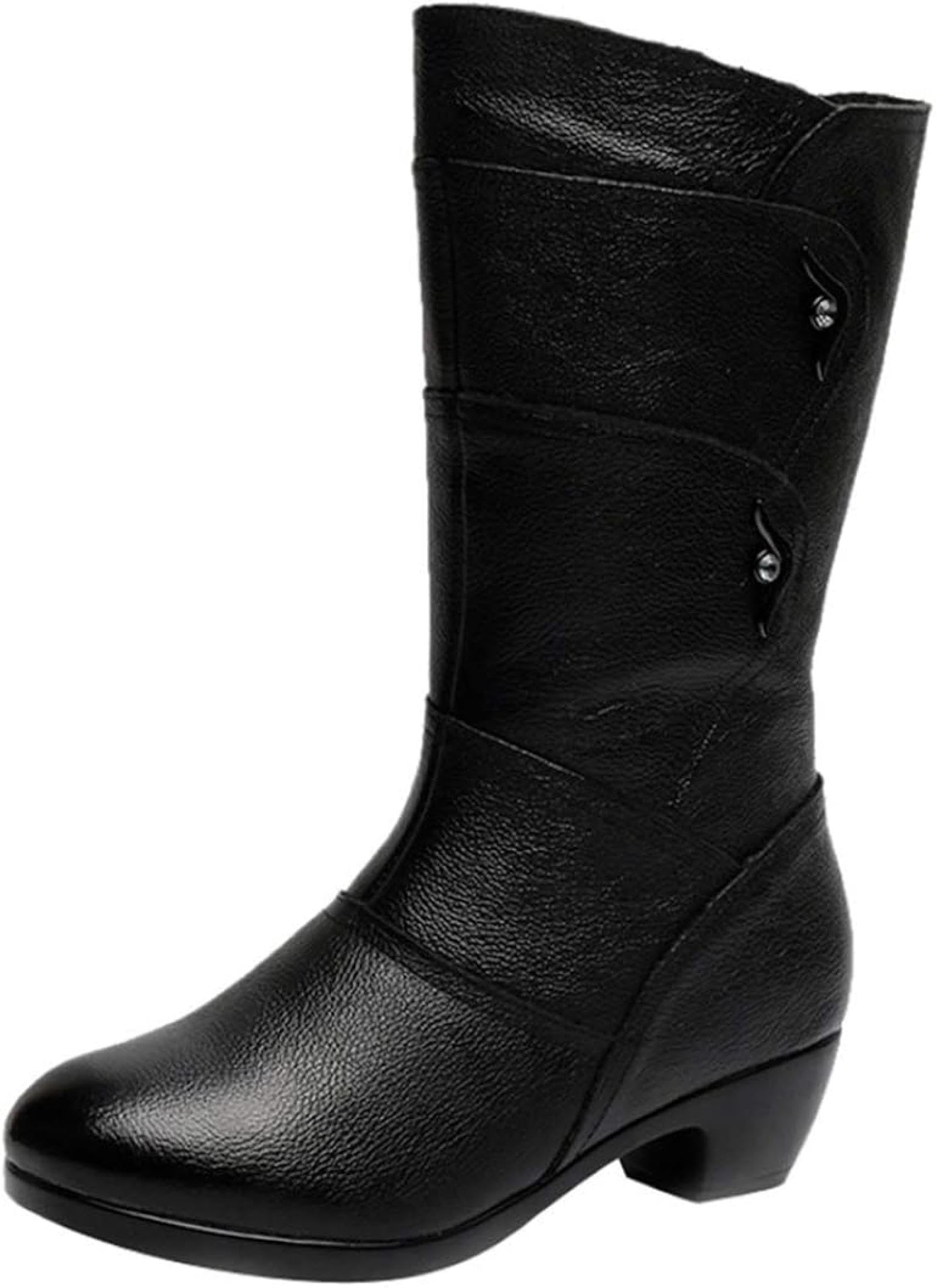 Womens Square Heeled Round Head Boots Side Zipper PU Leather Short Fur Shoes