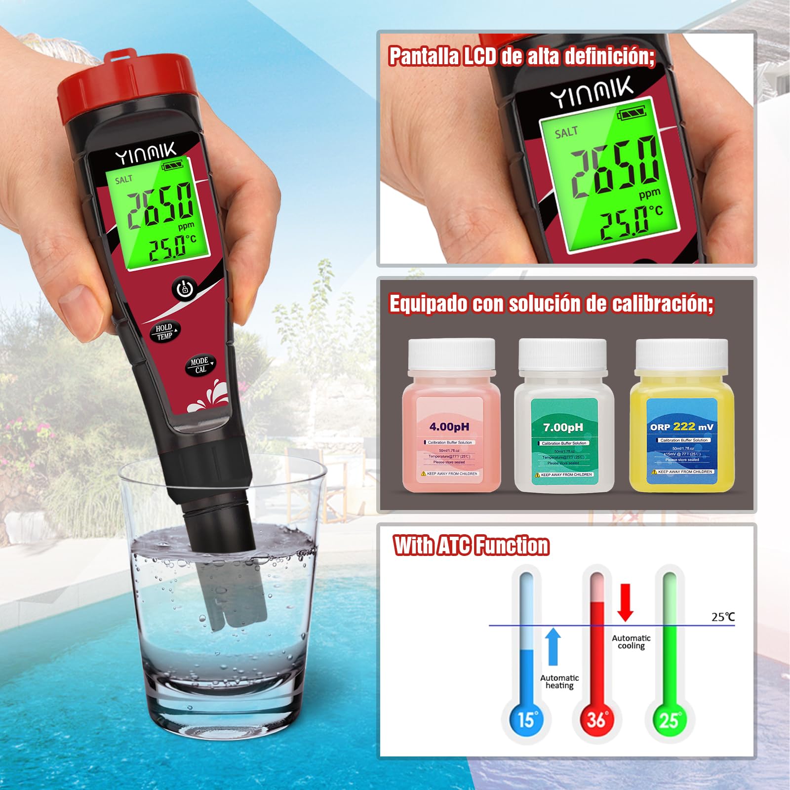 YINMIK Medidor de pH y Cloro Probador de Salinidad para Piscina Agua Salada
