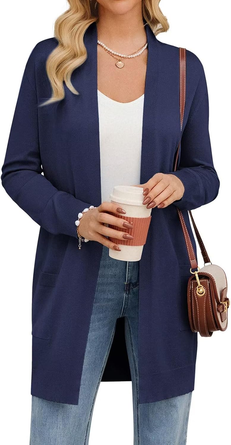 GRACE KARIN Women's Long Cardigan Sweater Open Front Classic Knitted Lightweight Sweater with Pockets