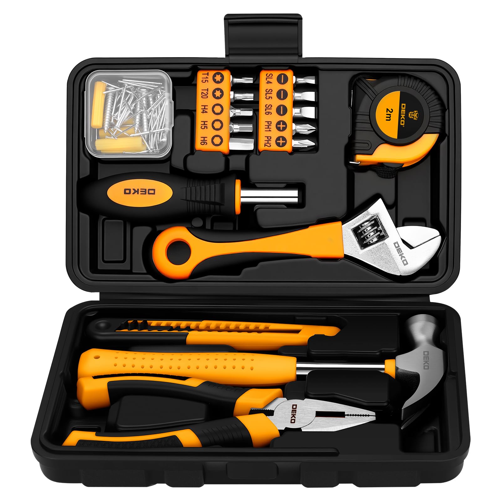 DEKO Caja de Herramientas de 86 Piezas Color Amarillo, Pequeño Juego de Herramientas Básicas con Caja de Almacenamiento de Plástico para Hogar Oficina y Taller