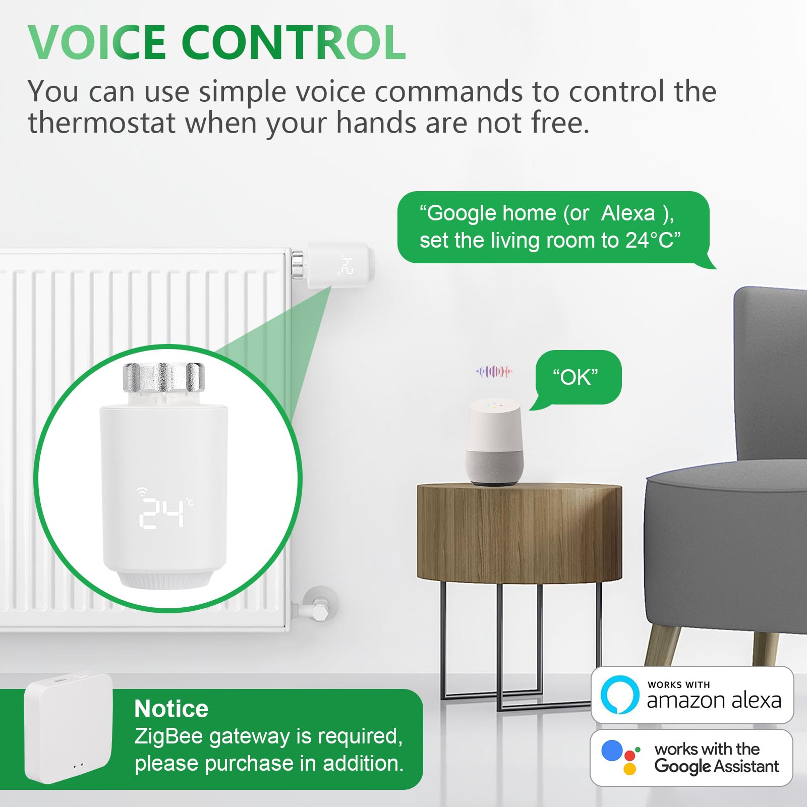 Wengart Termostato intelligente del radiatore TRV-01, M30x1.5 TRV programmabile per il controllo della temperatura multi-stanza, funziona con Google Assistant e Alexa, Hub Tuya Zigbee richiesto