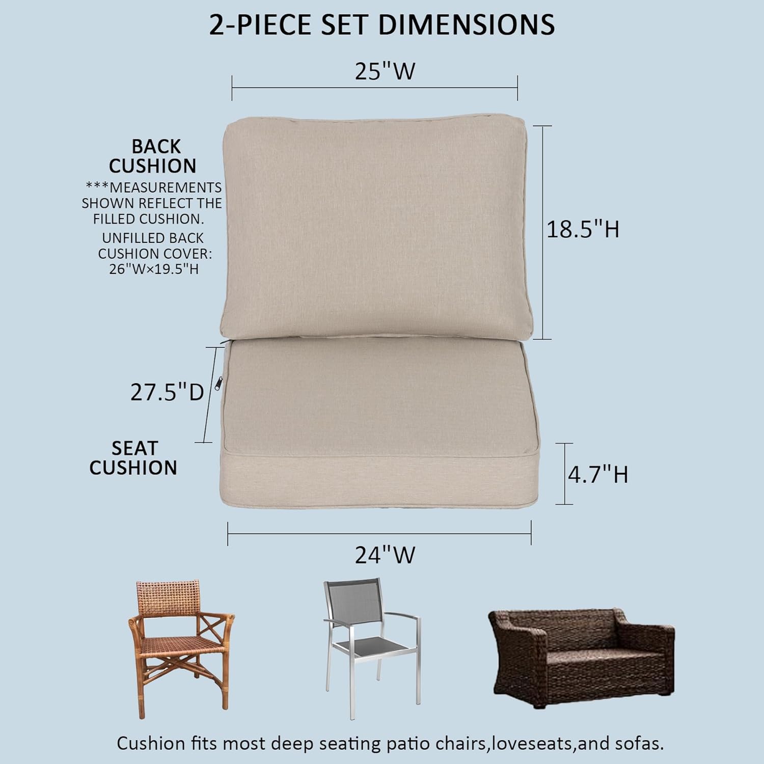 24x27.5 Inch Outdoor Deep Seat Cushions Set of 2,Thick High-Density Foam, Water-Resistant, Piped Edges & YKK Hidden Zipper for Patio Furniture,Putty