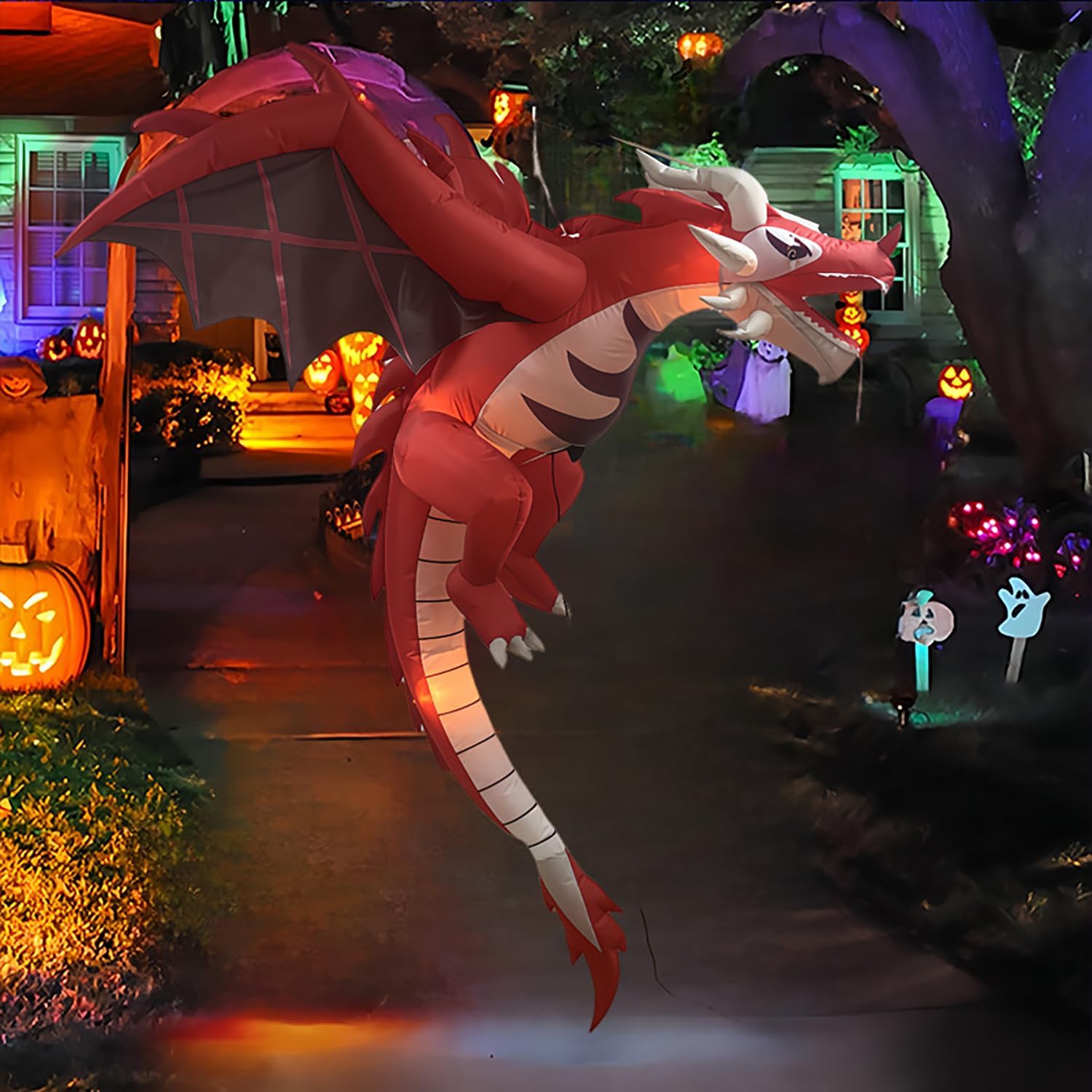 5FT Halloween Inflatable Dinosaur Decor with LED Lights – Scary Flying Dragon Flame Decoration for Outdoor Yard, Party, Halloween Decorations – Includes Blower, Stakes & Wind Ropes