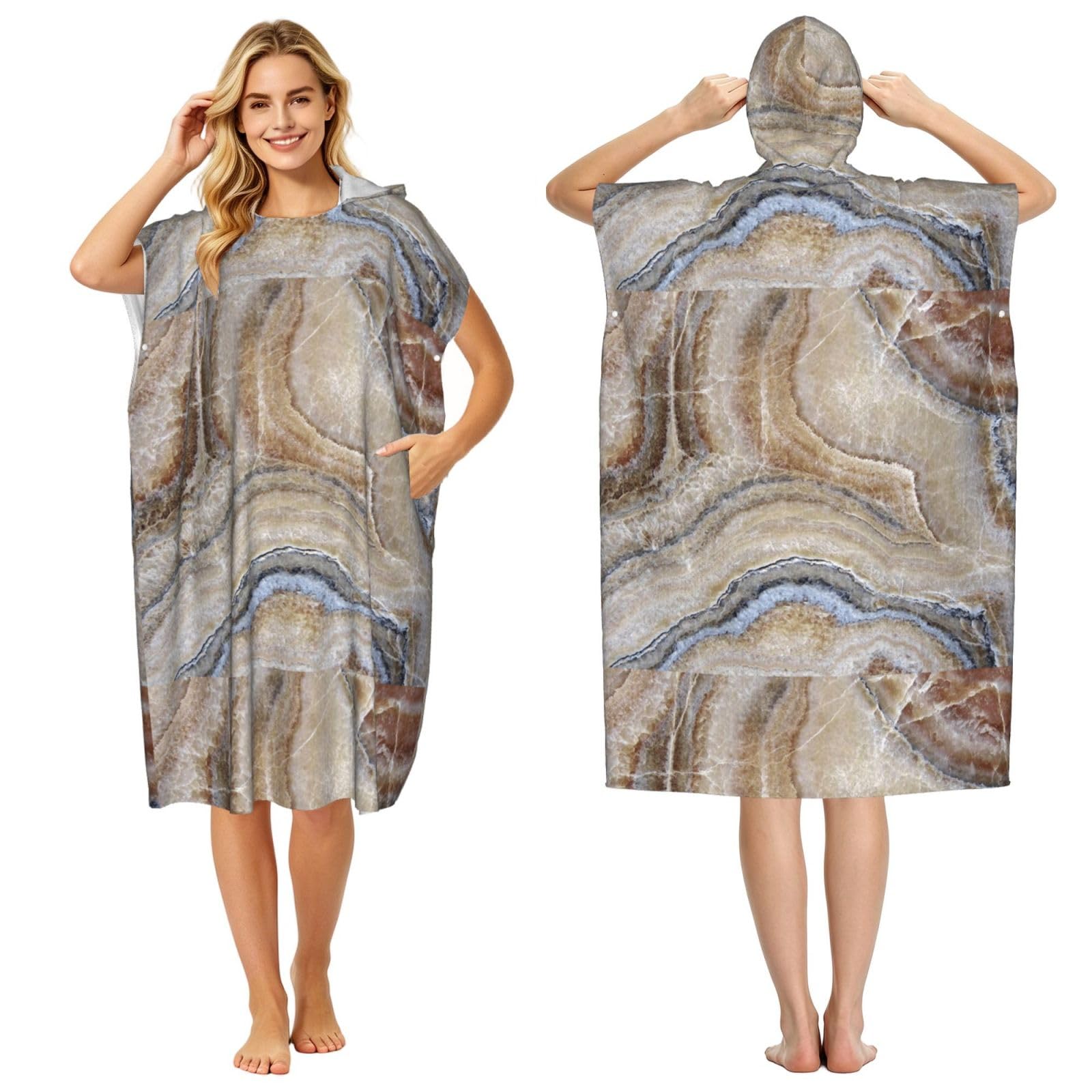Poadnly Onyx Stone Pale Blue Print, Adult Hooded Beach Towel 90 x 110 cm,Changing Bath Robe, Surf Poncho Towel For Women Men