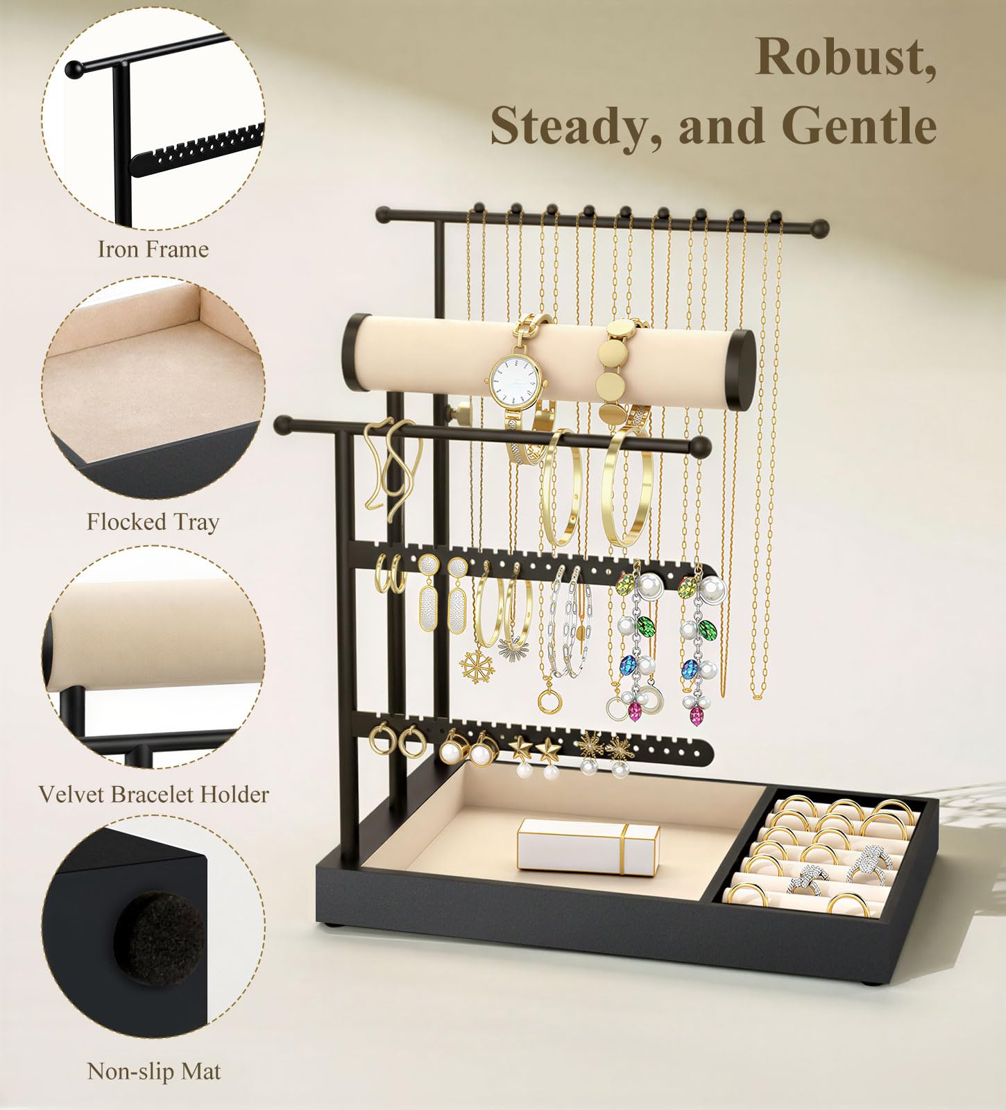 Emibele Necklace Holder, Jewelry Organizer Stand with Velvet Tray, Jewelry Organizer Tower for Earrings, Bracelets and Necklaces, Elegant Necklace Tower Accessory Storage Gifts for Women, Black