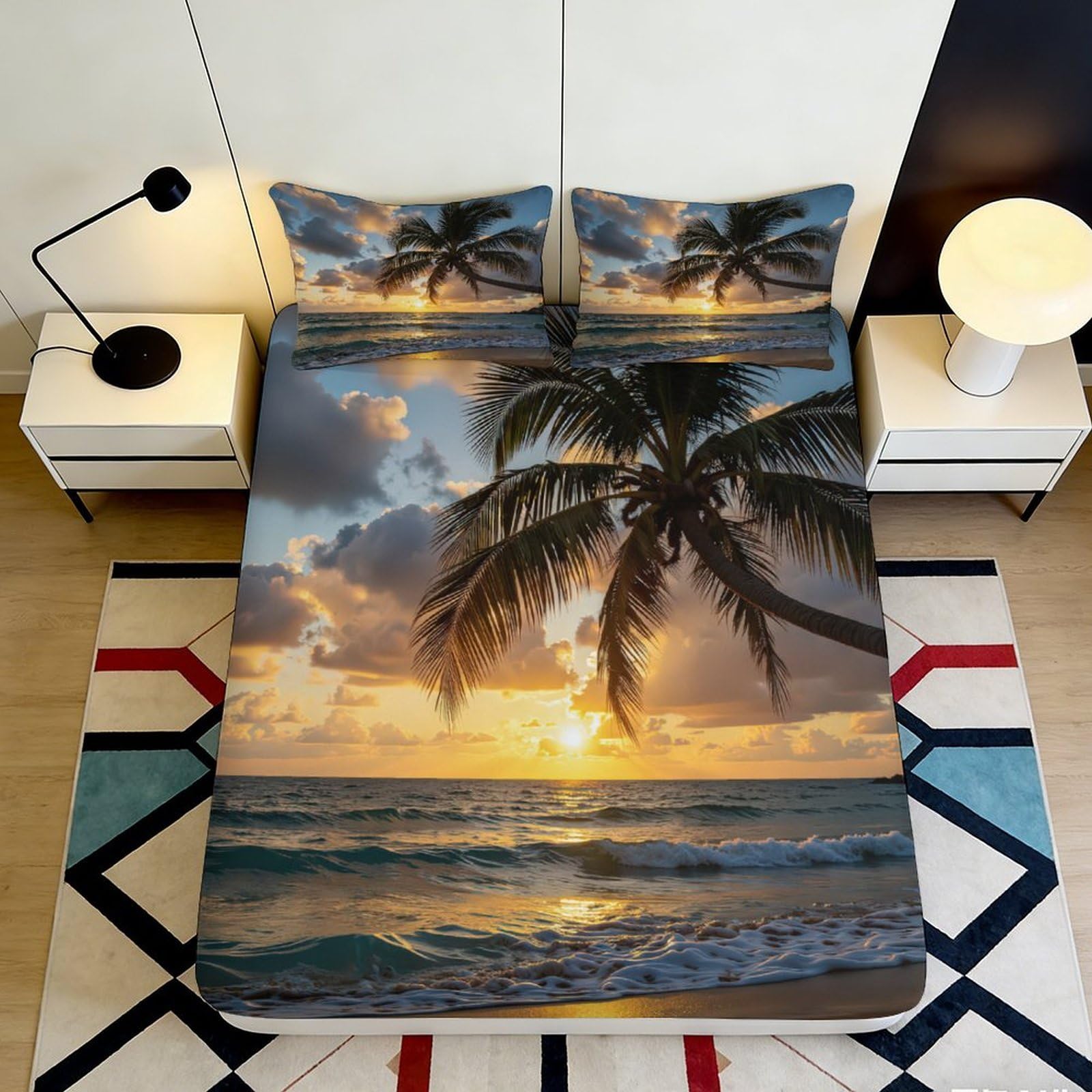 3D Printed Tropical Sunset Fitted Sheet Microfiber Soft Palm Beach Bed Cover for Bedroom Guest Room Decor 90x200x25cm