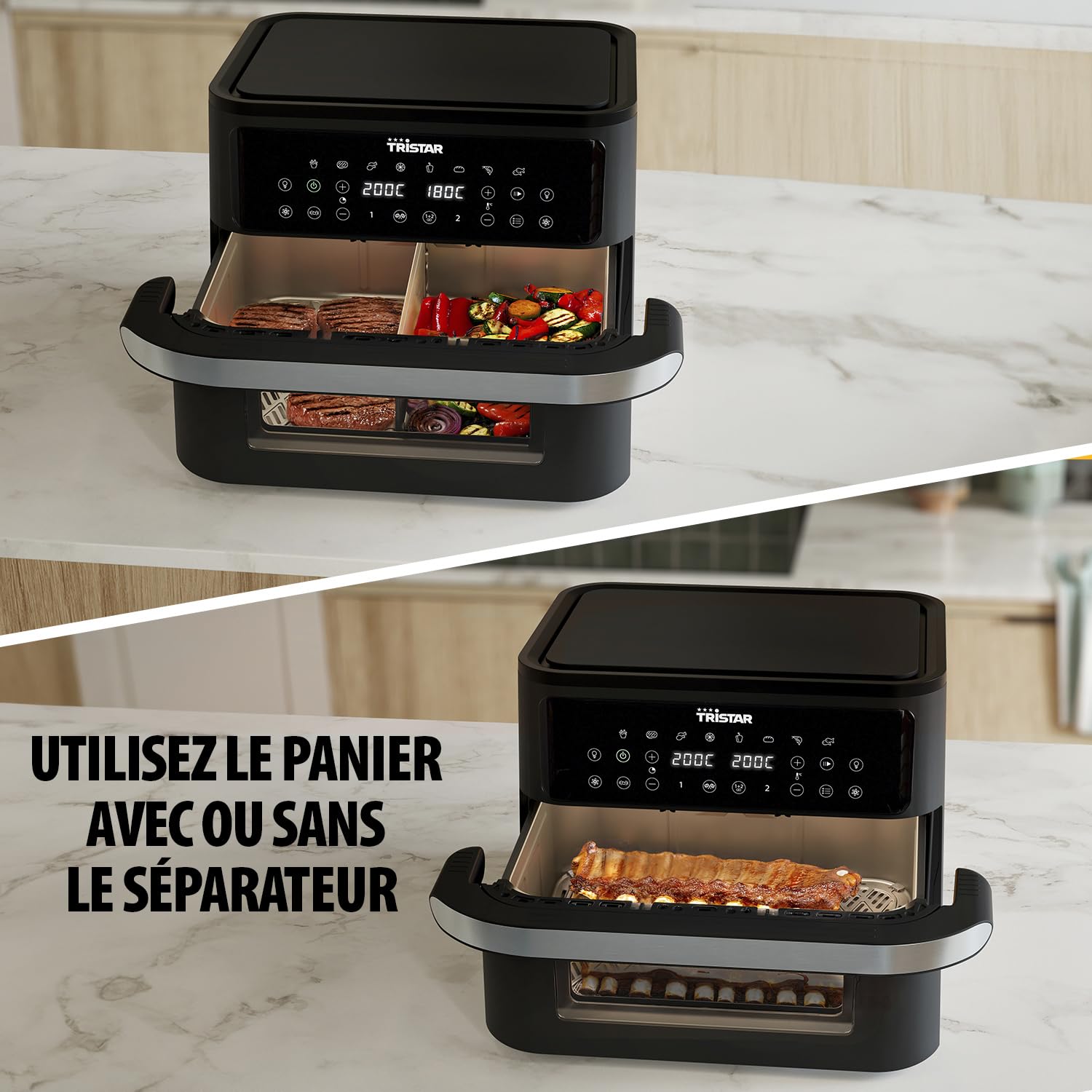 Tristar Friteuse Sans Huile Dualzone Flex, 10 L, 2800 W, 8 Programmes, Écran Digital, Cuisson Sans Huile, Arrêt Automatique, Revêtement Antiadhésif, Pièces Lavables, FR-9432, Noir