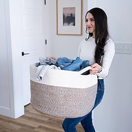 Little Hippo XXXL Cotton Rope Basket (22x14) 100% Natural Cotton! Baby Gift, Large Blanket Storage for Living Room, Toy and Pillow Organizer (White & Brown)