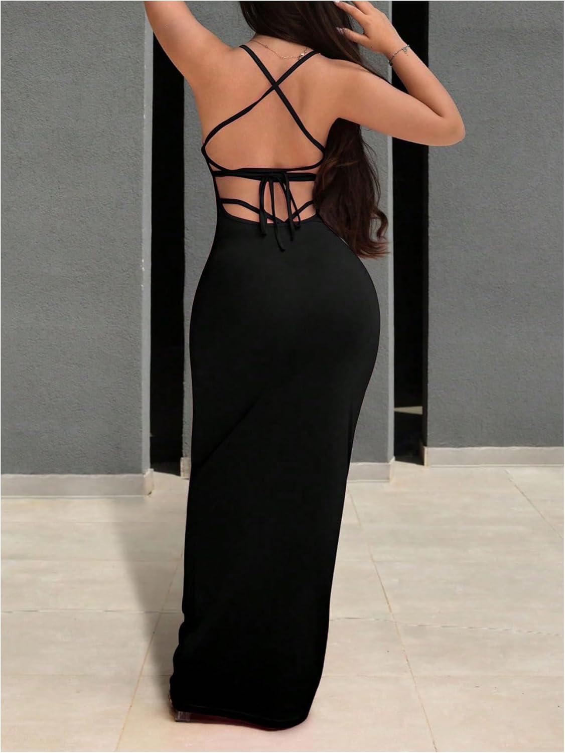 GORGLITTER Women's Sexy Backless Bodycon Maxi Dress Holiday Going Out Dresses Criss Cross Cami Sundress Slimming Dress - Image 2