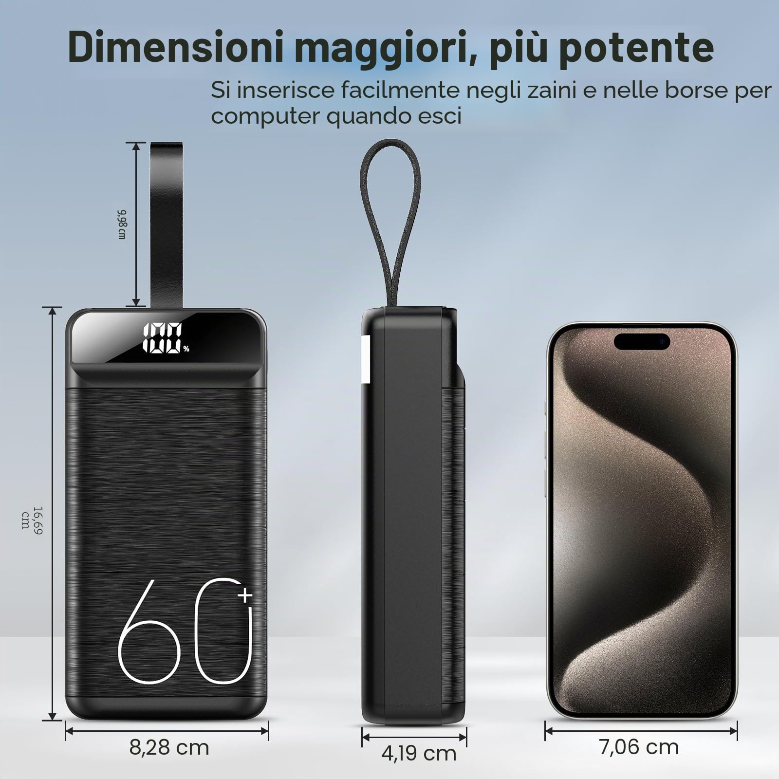 Power Bank 60000 mAh 22,5 W Ricarica Rapida Caricatore USB-C Ricarica Rapida con 4 uscite e 3 ingressi, Display LED Enorme capacità Batteria esterna per la maggior parte dei dispositivi elettronici