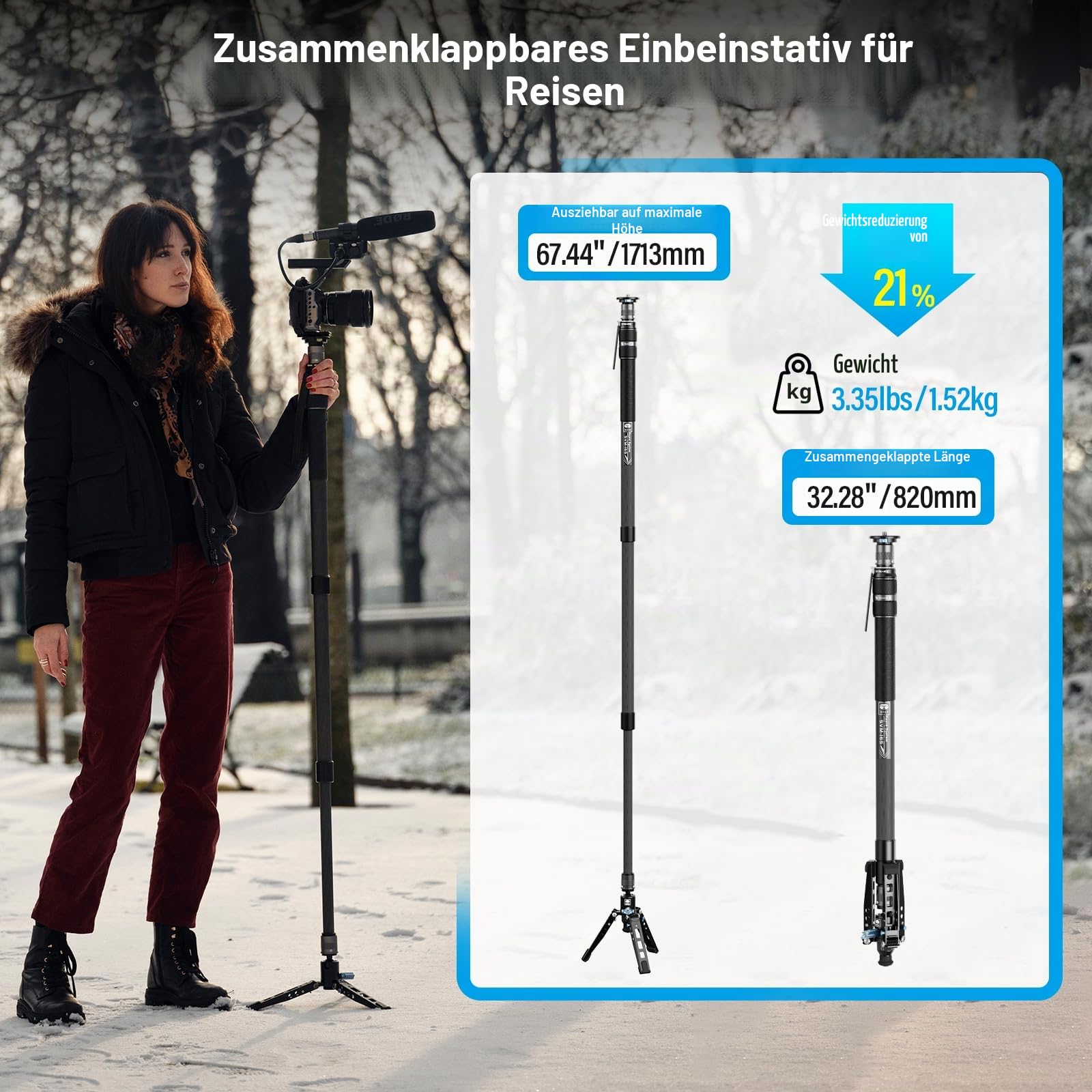 SIRUI SVM-165 Kamera-Einbeinstativ mit Füßen für Fotografie, 165 cm, Kohlefaser, mit abnehmbarem Stativfuß, für DSLR, Camcorder, Tragkraft 10 kg