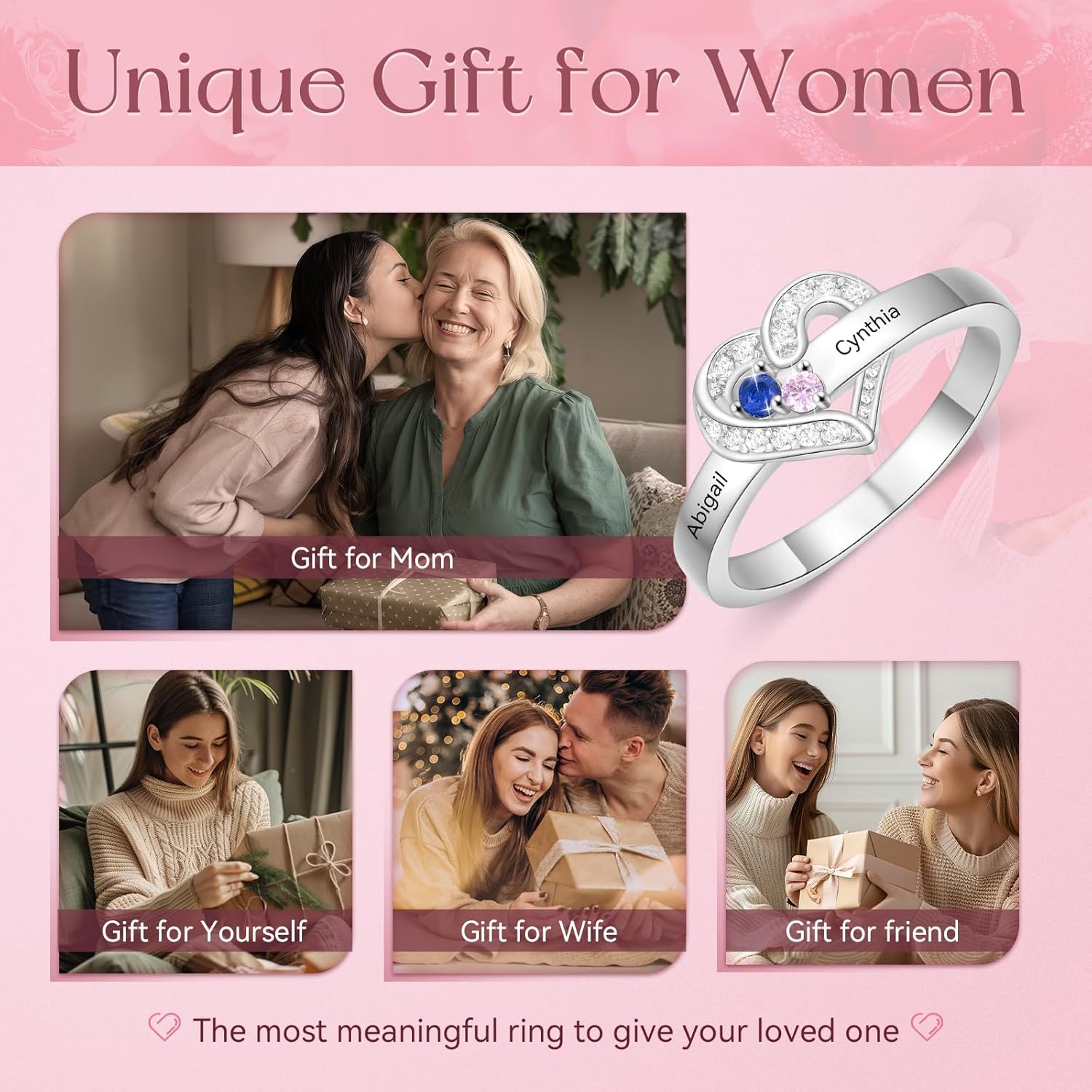 Zoesky Personalized Heart Ring with 2-5 Birthstones Custom Name Engagement Wedding Promise Birthstone Ring Mothers Day Christmas Birthday Gifts for Mom Grandma Wife