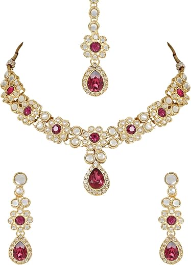 I Jewels Gold Plated Traditional Kundan Stone Choker Necklace With Earrings & Maang Tikka Jewellery Set for Women