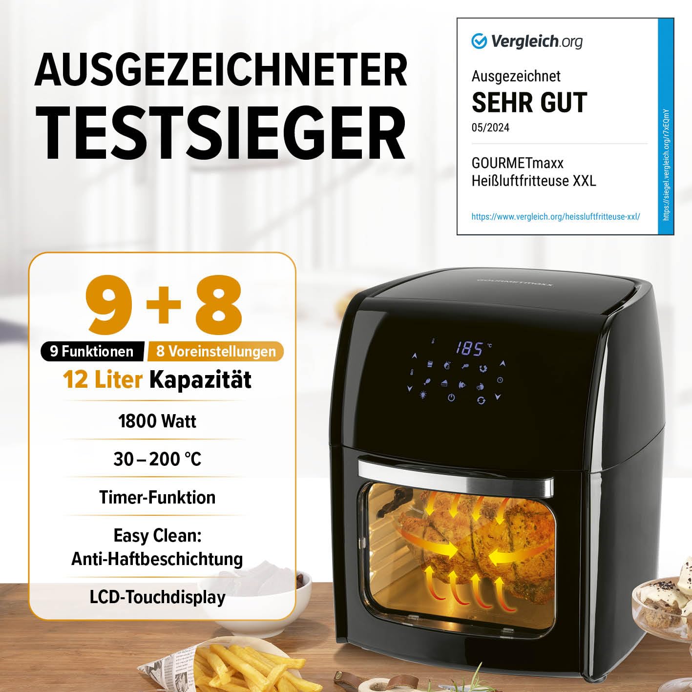GOURMETmaxx Digitale Heißluftfritteuse 12L XXL-Ofen | Airfryer mit Timerfunktion, Touchdisplay, Drehspieß & Backgitter | fettarm, energiesparend frittieren | 8 Programme, 1800 W