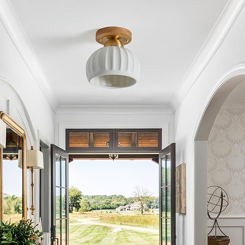 Miniatura 7 de Paquete de 2 luces de techo semiempotradas de madera y latón de cerámica, lámparas de pasillo doradas vintage, modernas de mediados de siglo,