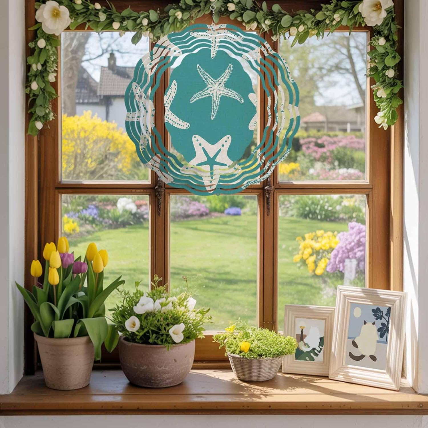 Summer Marine Life Starfish Wind Spinner for Garden Yard 3D Stainless Steel Hanging Wind Spinners, Green Background Spinners Outdoor Metal Decor for Lawn Patio Home