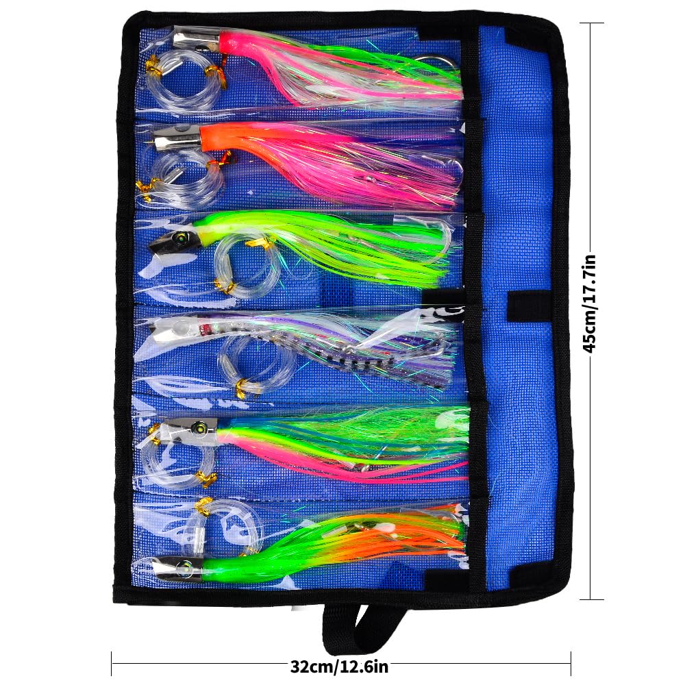Angelköder für Tiefseefischen, Salzwasser, für Marlin, Thunfisch, Wahoo, Mahi, Delphin, 15,2–22,9 cm, 6-teiliges Köder-Set mit Netztasche