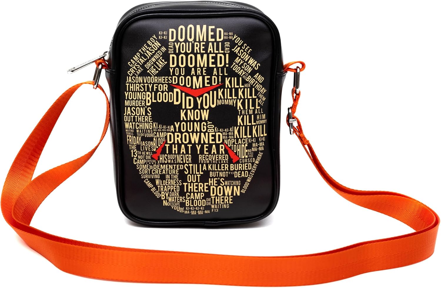 Horror Movies Vegan Leather Crossbody Backpack for Men and Women with Adjustable Strap, Friday the 13th Jason Hockey Mask Quotes Typography Black - Image 4