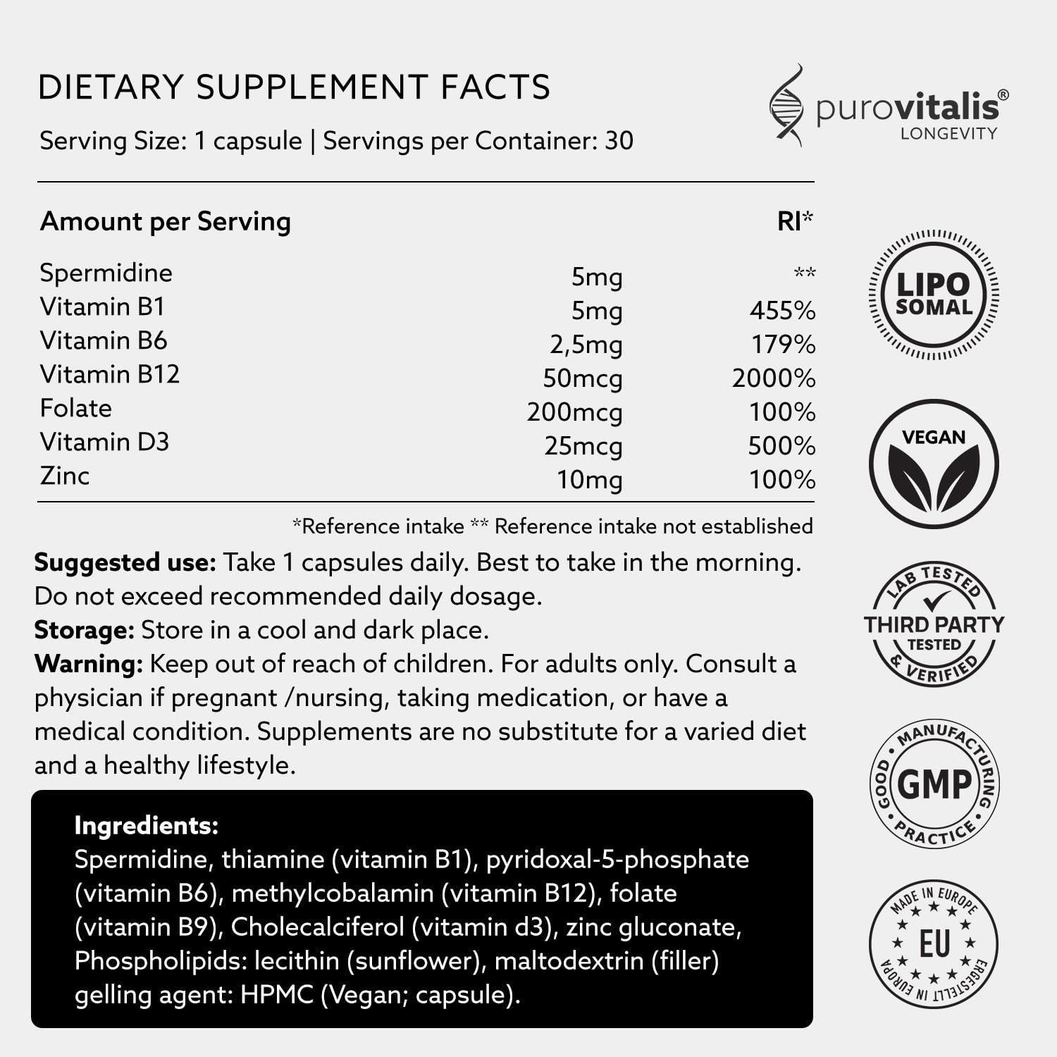 PUROVITALIS Espermidina Liposomal 5mg, Zinc, Vitamina D3 & B12, 30 Cáps.