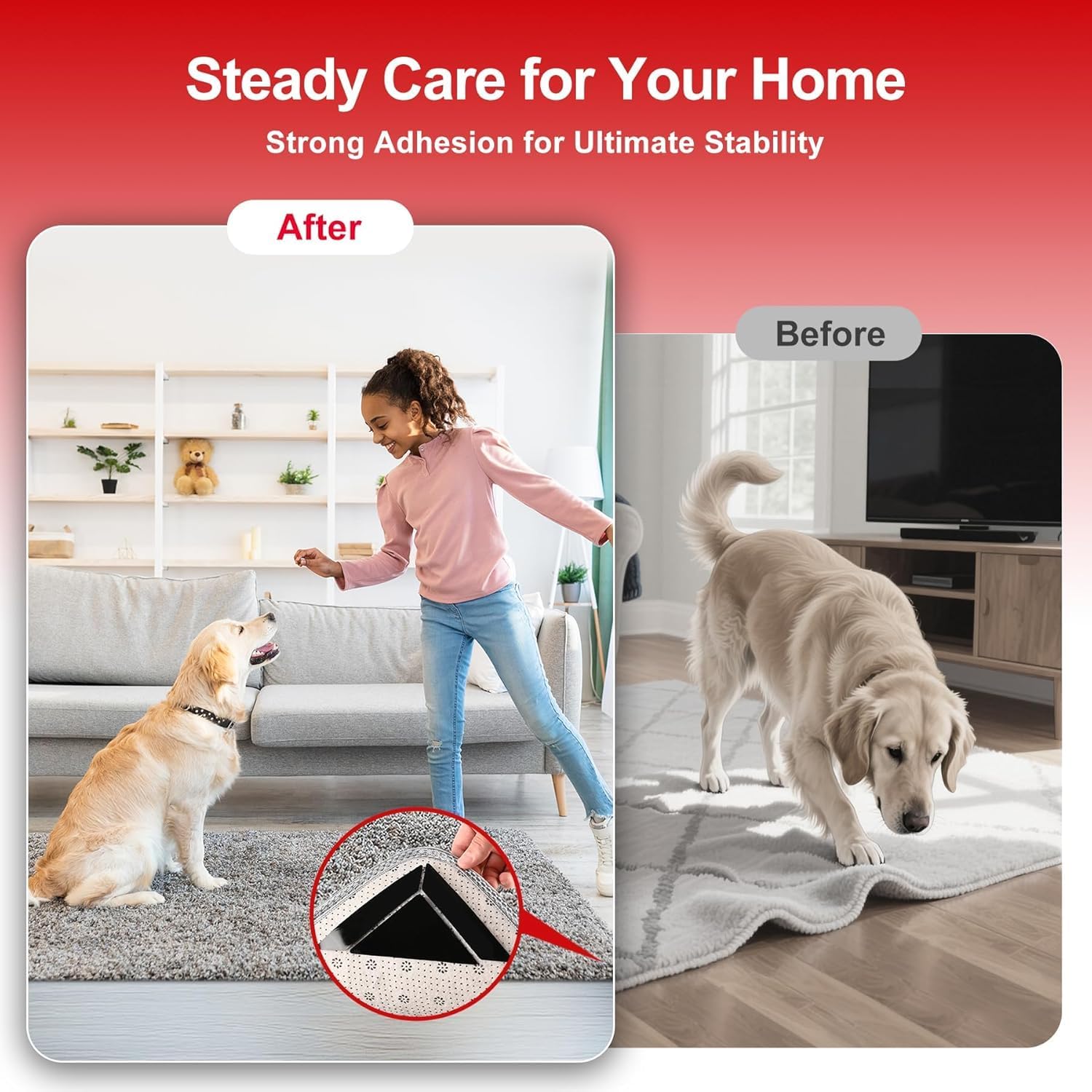 Tiumso 24Pcs Rug Gripper Pads, Non-Slip Corner Carpet Tape for Extra-Large Area Rugs, Double Sided Rug Pads Grippers for Hardwood Floors and Tiles, Prevent Curling and Bunching, Black