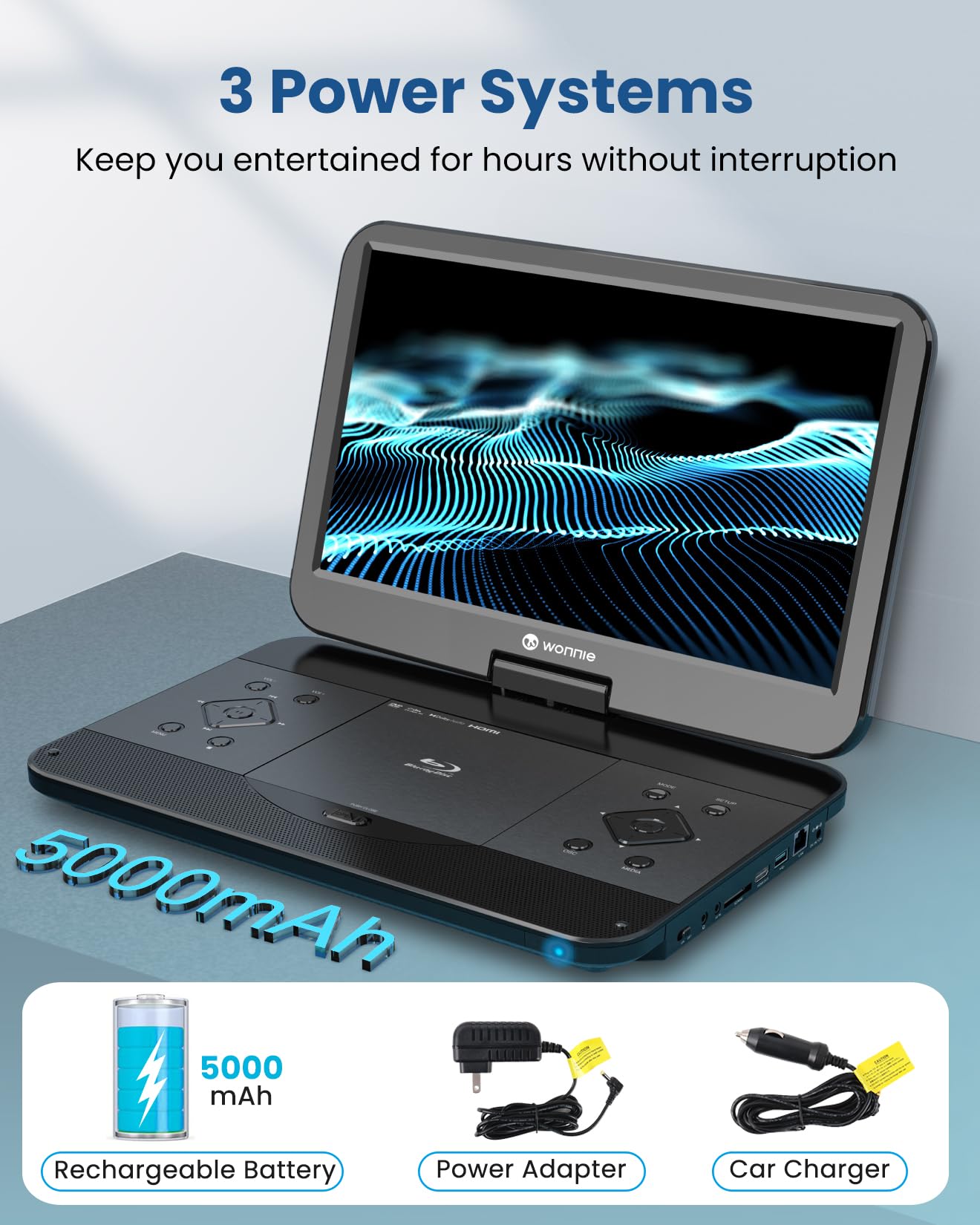 WONNIE Lettore DVD portatile Bluray con schermo 1080p Full HD da 15,6 pollici, grande schermo girevole, suono surround, supporto ultima memoria, uscita HDMI, ingresso AV, scheda USB/SD