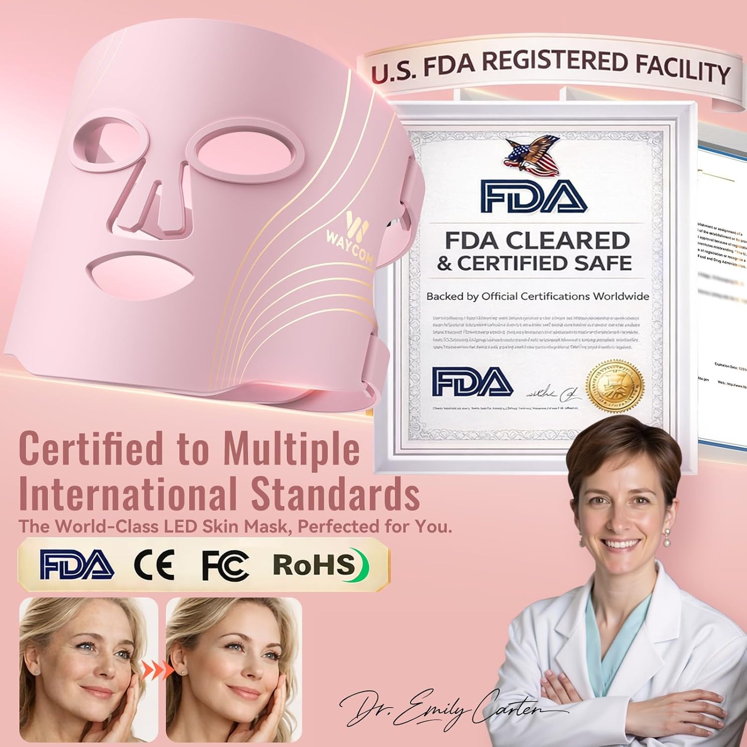 WAYCOM Red Light Therapy for Face: FDA-Cleared 4-Modes Portable LED Light Therapy Mask for Skincare - 400 Beads 850nm Infrared & Red Light Mask at Home with Timing Function Remote & Eye Protection image 3