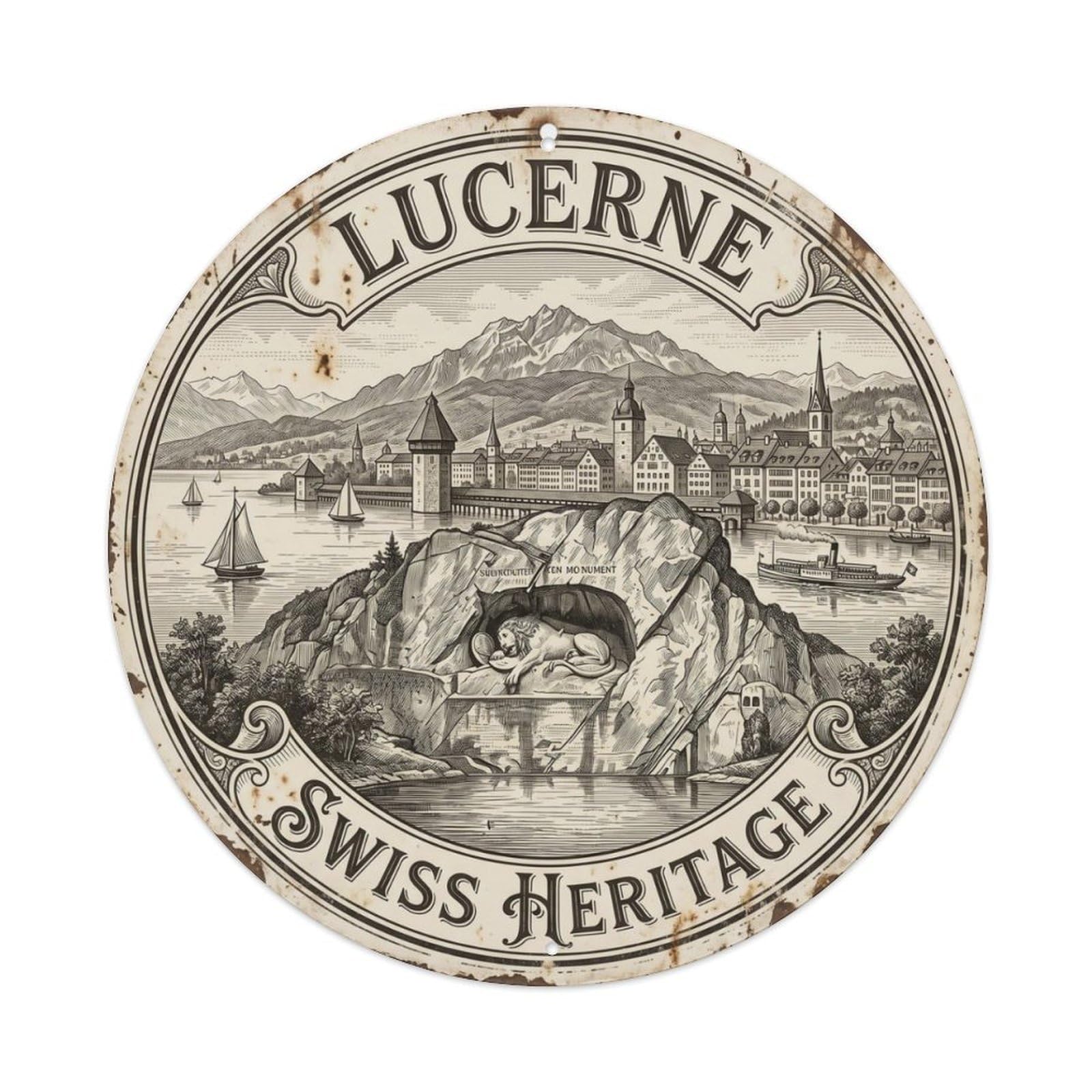 Vintage Travel Lucerne Monument Heritage Metal Tin Sign Plaque Wall Decor for Cafe, Club, Garden Round Metal Poster 8x8Inch