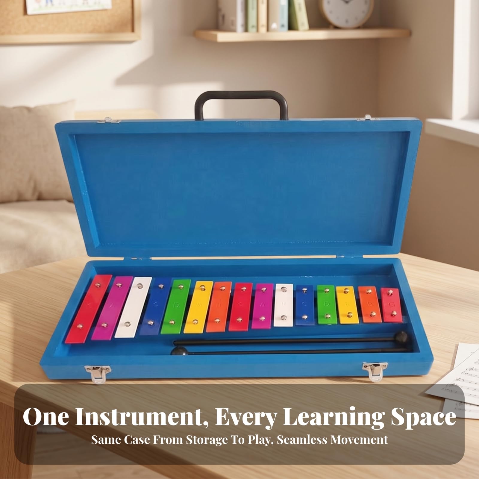 Glockenspiel Resistente | 15 Tasti in Metallo Colorato, Xilofono con Borsa, Strumento a Percussione, per Scuola, Asilo, Bambini