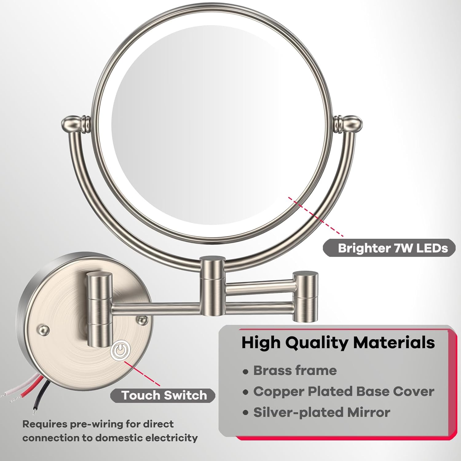 Premium 8" Brass Lighted Makeup Mirror with Magnification, 1X/5X Double-Sided Bathroom Wall-Mounted Mirrors Swing Arm, Touch Dimming, Brushed Nickel Finish, Hardwired
