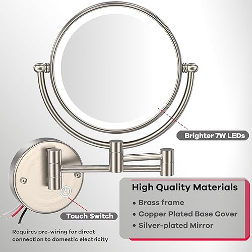 Miniatura 4 de Espejo de maquillaje iluminado de latón prémium de 8 pulgadas con aumento, 1X5X de doble cara para baño, espejos de pared con brazo oscilante,