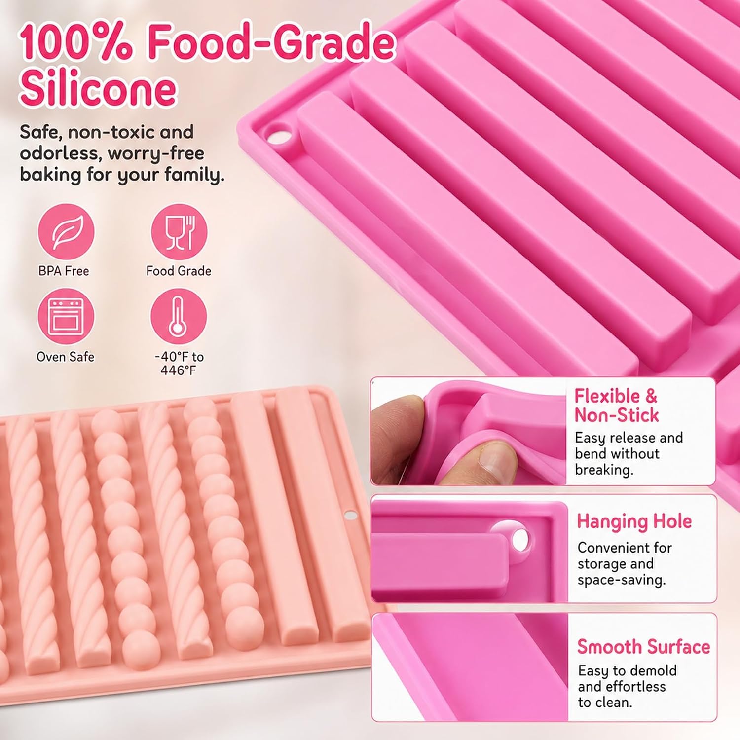 2 PCS Chocolate Fry Mold, Silicone Stick Candy Bar Mold for Baking and DIY (12&20-Cavity Twist and Long Bar Shapes)