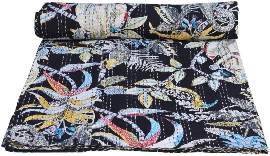 The Harry Creations Unique Floral Decor Cotton Blanket Handcrafted Bed Kantha Monkey Print Art Art Bohemian Coverlet Handmade Bedding Quilt (Black, King 90 inches x 108 inches )