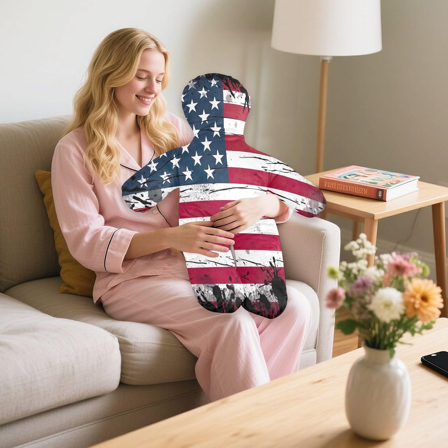 Flag Human-Shaped Pillow Soft Body Pillows Washable Velvet Pillows for Anxiety Relief Sleeping Cuddling & Support