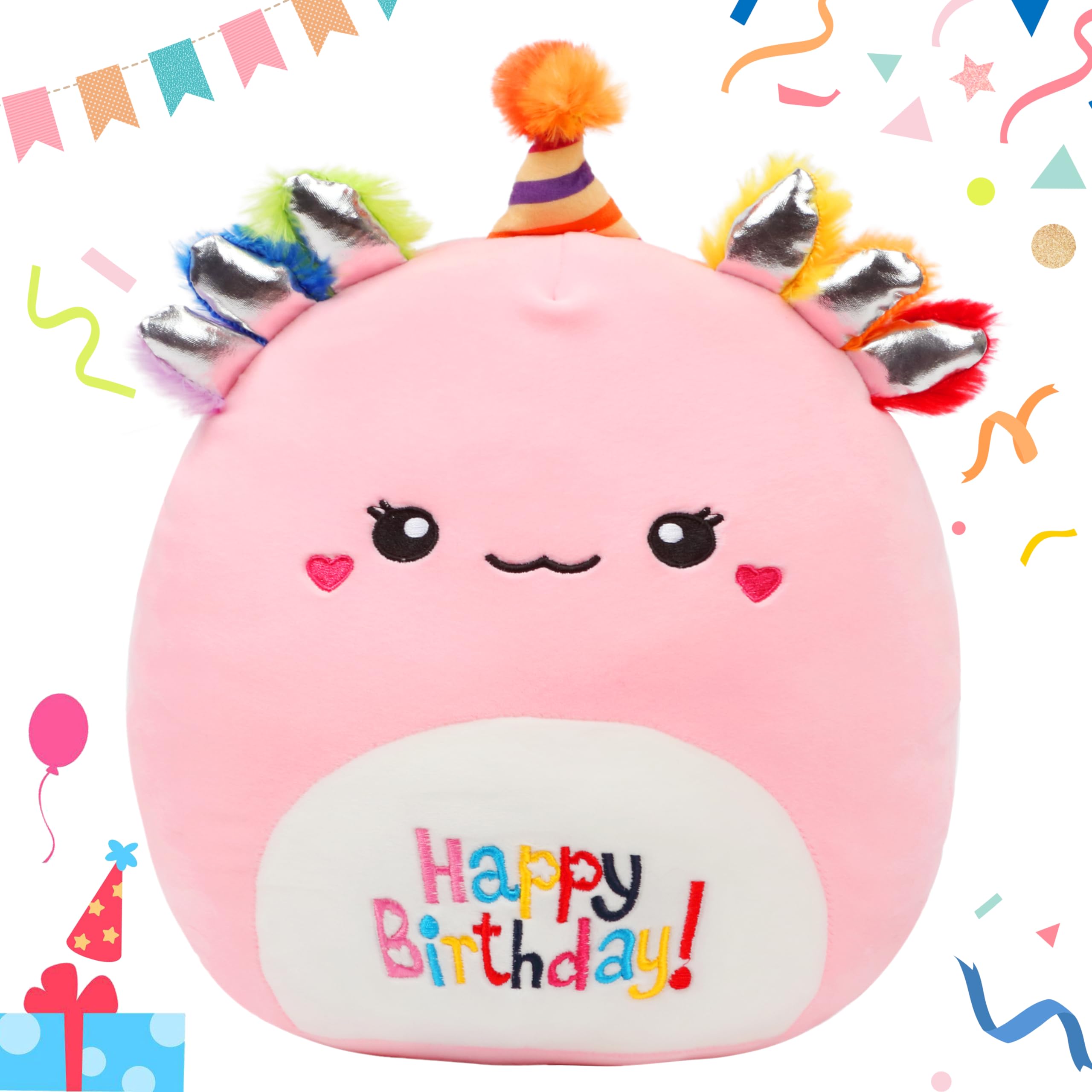 Mushymallow 12” Birthday Axolotl Toy Soft Happy Birthday Plush Pillow Cute Axolotl Stuffed Animal Birthday Gifts for Kids, Pink