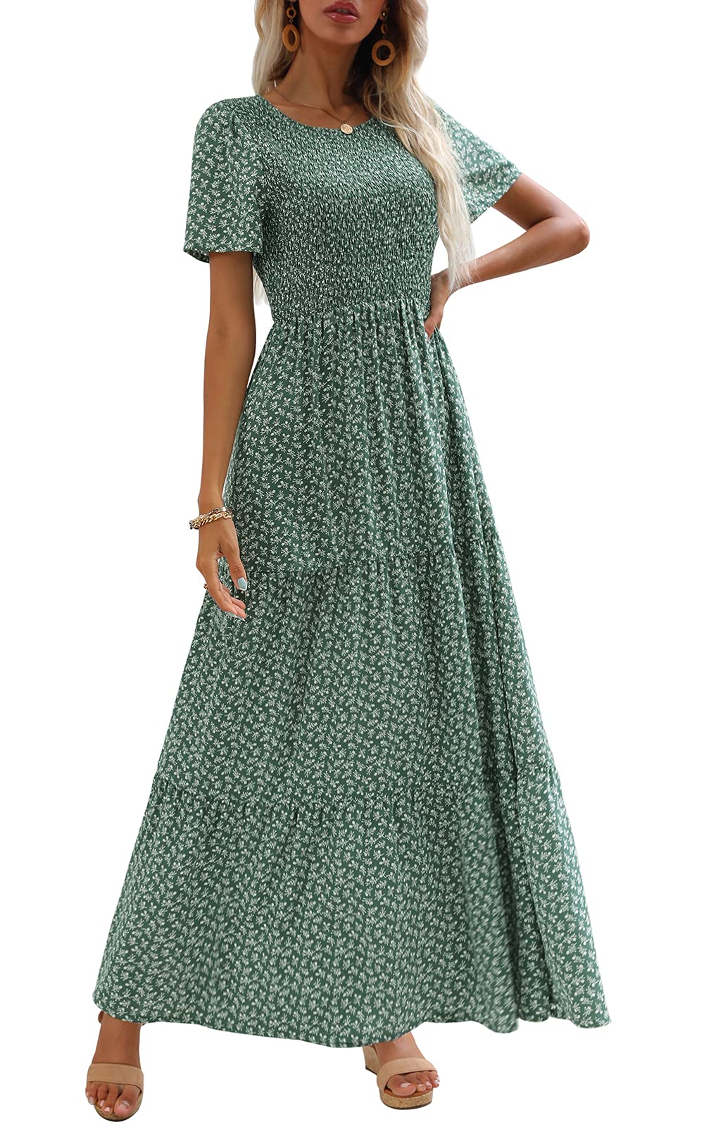 ZattcasWomen 2023 Summer Floral Long Dress Short Sleeve Crewneck Casual Boho Flowy Smocked Tiered Maxi Dress