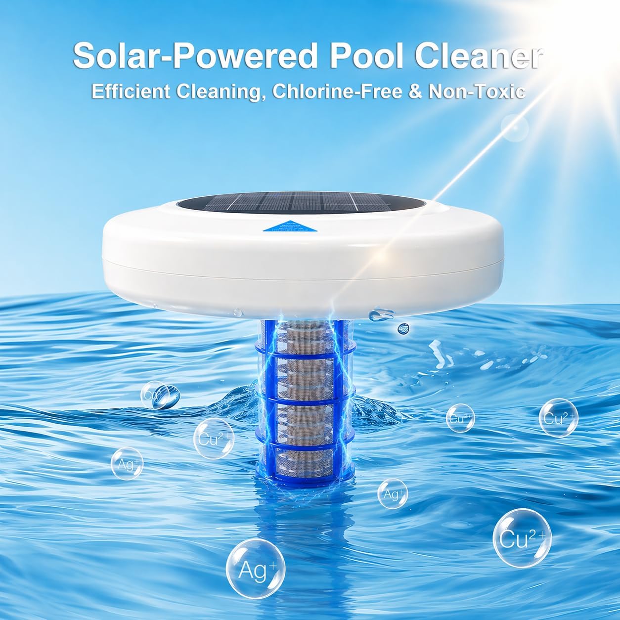 Solar Pool Ionizer for Inground & Above Ground Pools, Up to 45,000 Gallons, Floating Solar Water Clarifier, Large Solar Panel, Durable Copper Core, Easy Pool Maintenance Solution