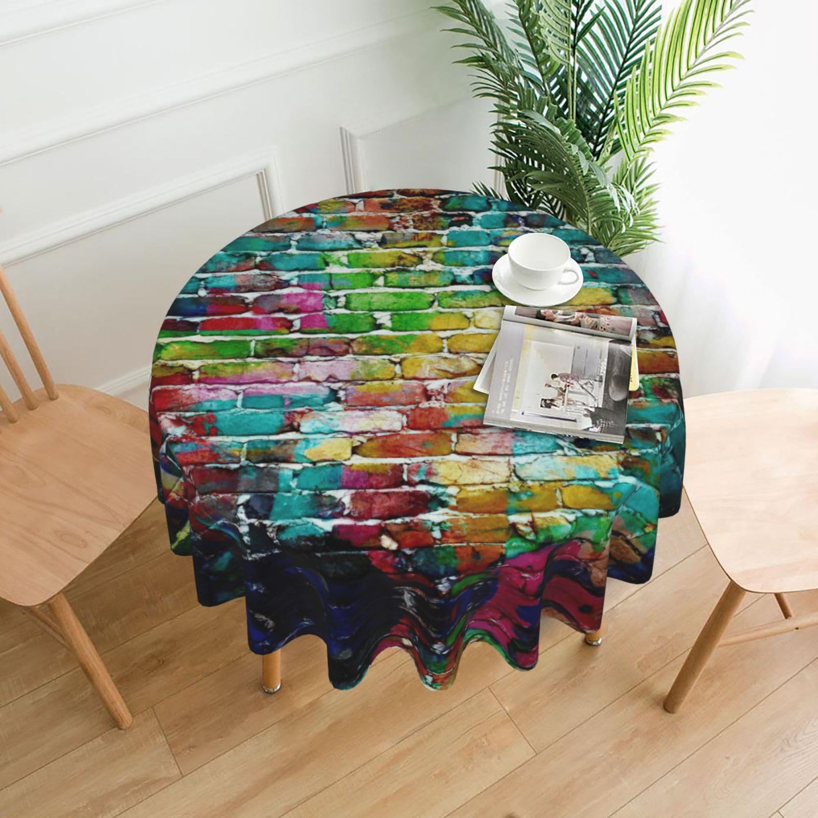 SDEGTHO Colorful Brick Wall Print Modern Retro Round Tablecloth 60in Polyester Fabric Cover for Party Dining Table Washable