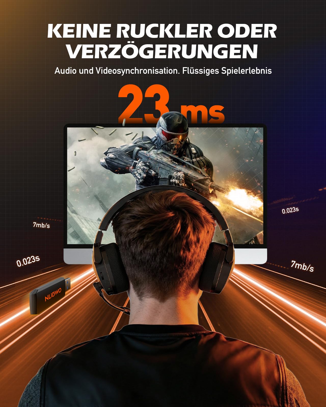 NUBWO G06 Dual Wireless Gaming Headset für PS5, PS4, PC, Mobile: 2.4 GHz + Bluetooth, 100 Stunden, 50mm Treiber, Orange