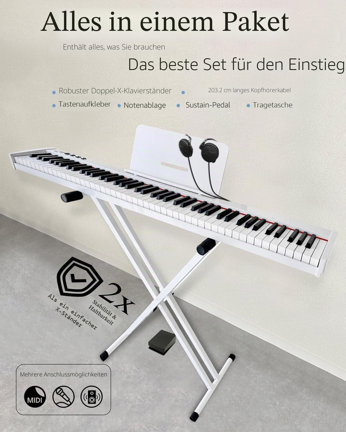 【Keyboard Piano Set mit Ständer】Longeye 88 Tasten E-Piano, Semi-Gewichtet, Kompakt und Tragbar, mit Tragetasche, Notenständer und Sustain-Pedal, Weiß (Slim-88)