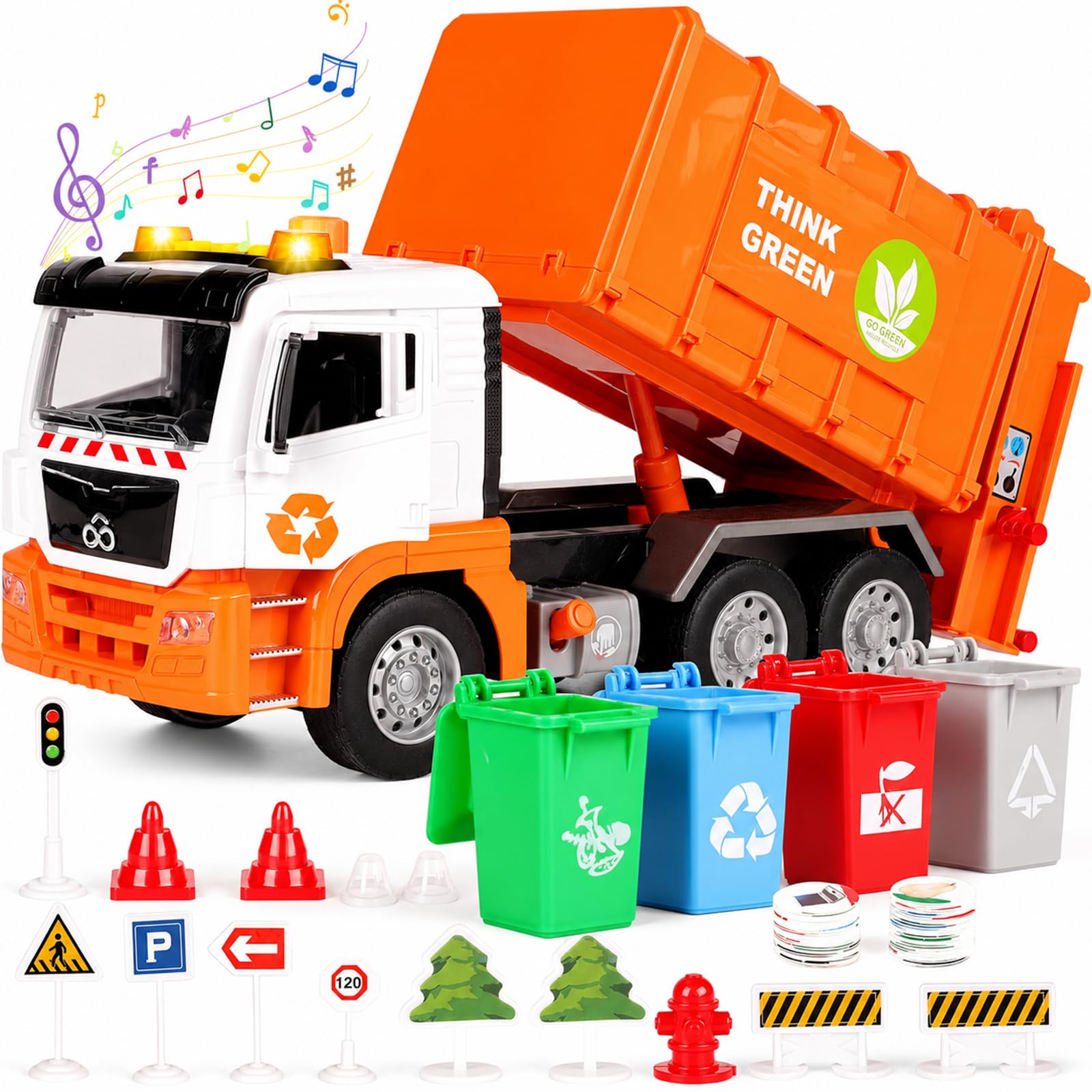 BunnyJOY Müllauto Spielzeug ab 3 4 5 6 Jahre Junge, Große Müllwagen Spielzeug mit Mülltonnen, Spielzeugautos Fahrzeuge, Geschenk Lernspielzeug für Kinder, Orange